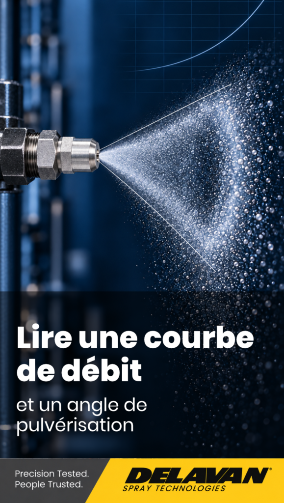 Buse en inox vue de profil projetant un cône de gouttelettes dont l'angle est tracé par deux lignes blanches, titre « Lire une courbe de débit »