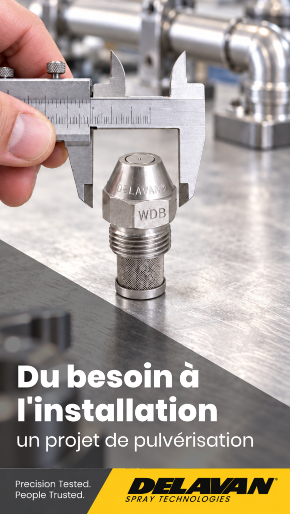 Pied à coulisse mesurant une buse de pulvérisation Delavan WDB en inox avec filtre, sur un établi, titre « Du besoin à l'installation »