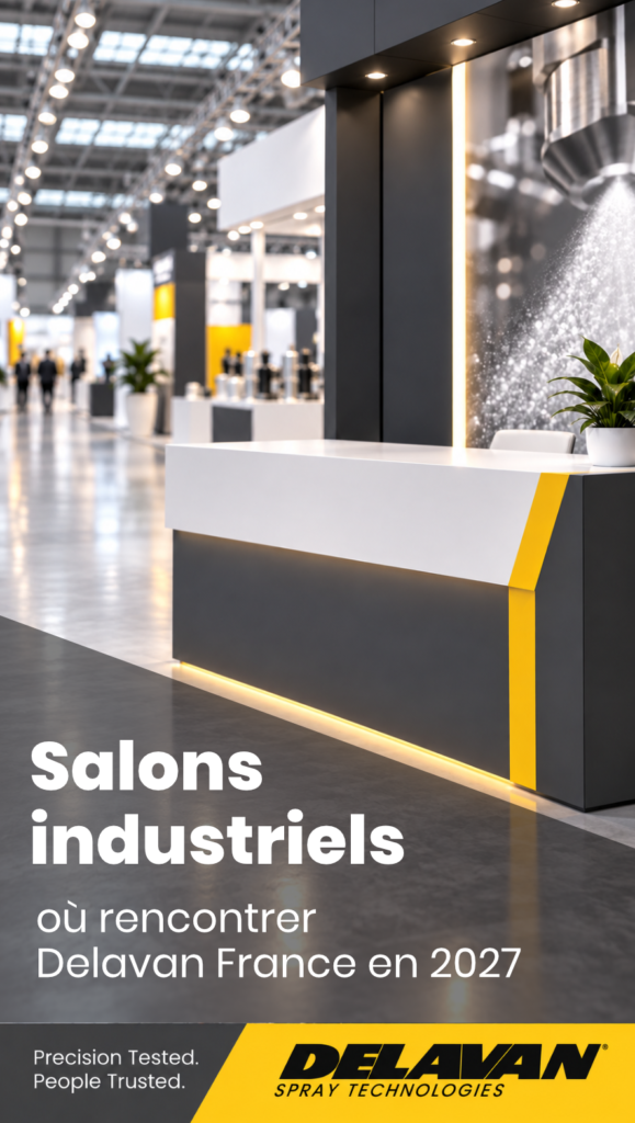Comptoir de stand gris et blanc souligné de jaune dans l'allée d'un salon industriel, titre « Salons industriels : où rencontrer Delavan France »