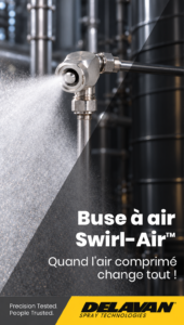 Buse à air Swirl-Air™ Delavan en inox, montée à angle droit, produisant un brouillard très fin, titre « Buse à air Swirl-Air™ »