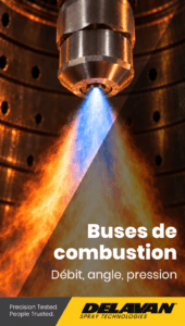 Buse de combustion en métal pulvérisant un cône de fioul enflammé, bleu au centre et orange autour, titre « Buses de combustion : débit, angle, pression »
