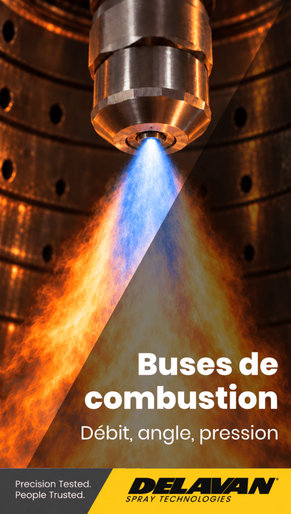 Buse de combustion en métal pulvérisant un cône de fioul enflammé, bleu au centre et orange autour, titre « Buses de combustion : débit, angle, pression »