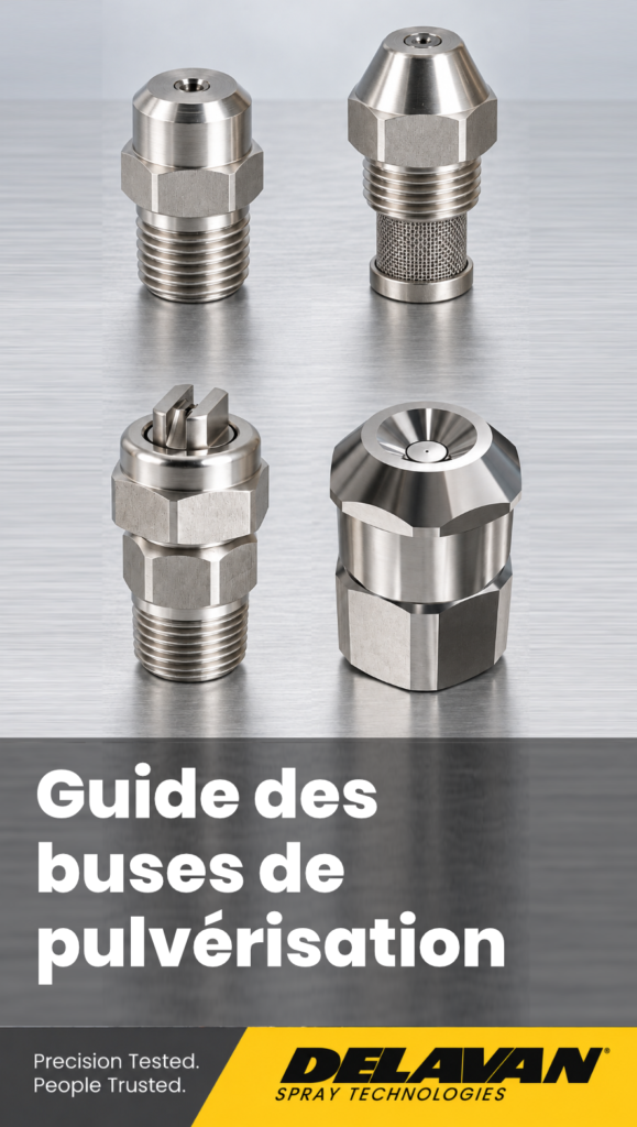 Quatre buses de pulvérisation industrielles en inox posées sur de l'acier brossé, titre « Guide des buses de pulvérisation »