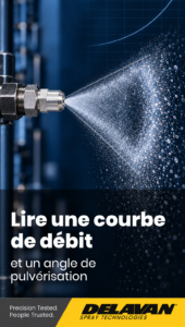 Buse en inox vue de profil projetant un cône de gouttelettes dont l'angle est tracé par deux lignes blanches, titre « Lire une courbe de débit »