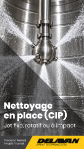 Tête de lavage rotative en inox projetant des jets d'eau en étoile contre les parois d'une cuve, titre « Nettoyage en place (CIP) »