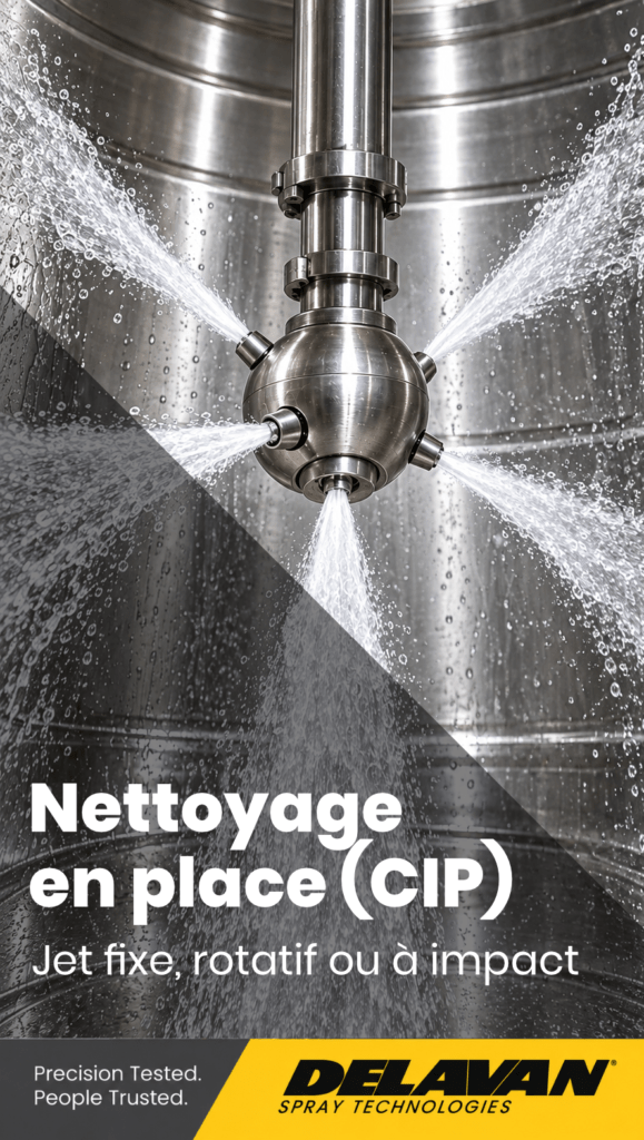 Tête de lavage rotative en inox projetant des jets d'eau en étoile contre les parois d'une cuve, titre « Nettoyage en place (CIP) »