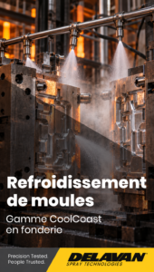 Rampe de buses pulvérisant de l'eau sur deux moules de fonderie en acier ouverts, titre « Refroidissement de moules », gamme CoolCast