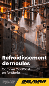 Rampe de buses pulvérisant de l'eau sur deux moules de fonderie en acier ouverts, titre « Refroidissement de moules », gamme CoolCast